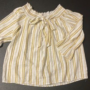 Off the shoulder yellow/white striped small bell sleeve
